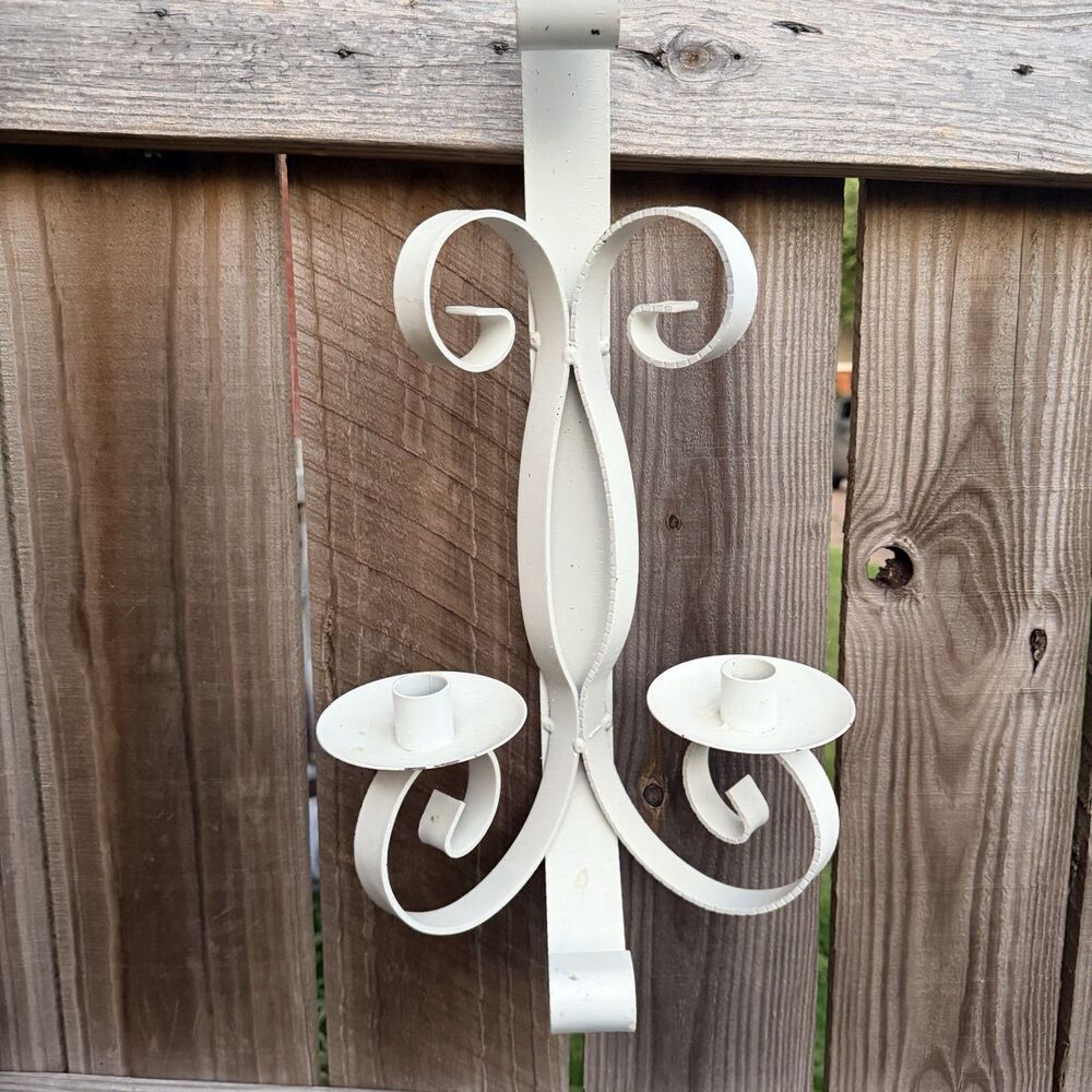 Vintage Floral Scroll Wall Art White Tole Metal Enamel Hanging Candleholder